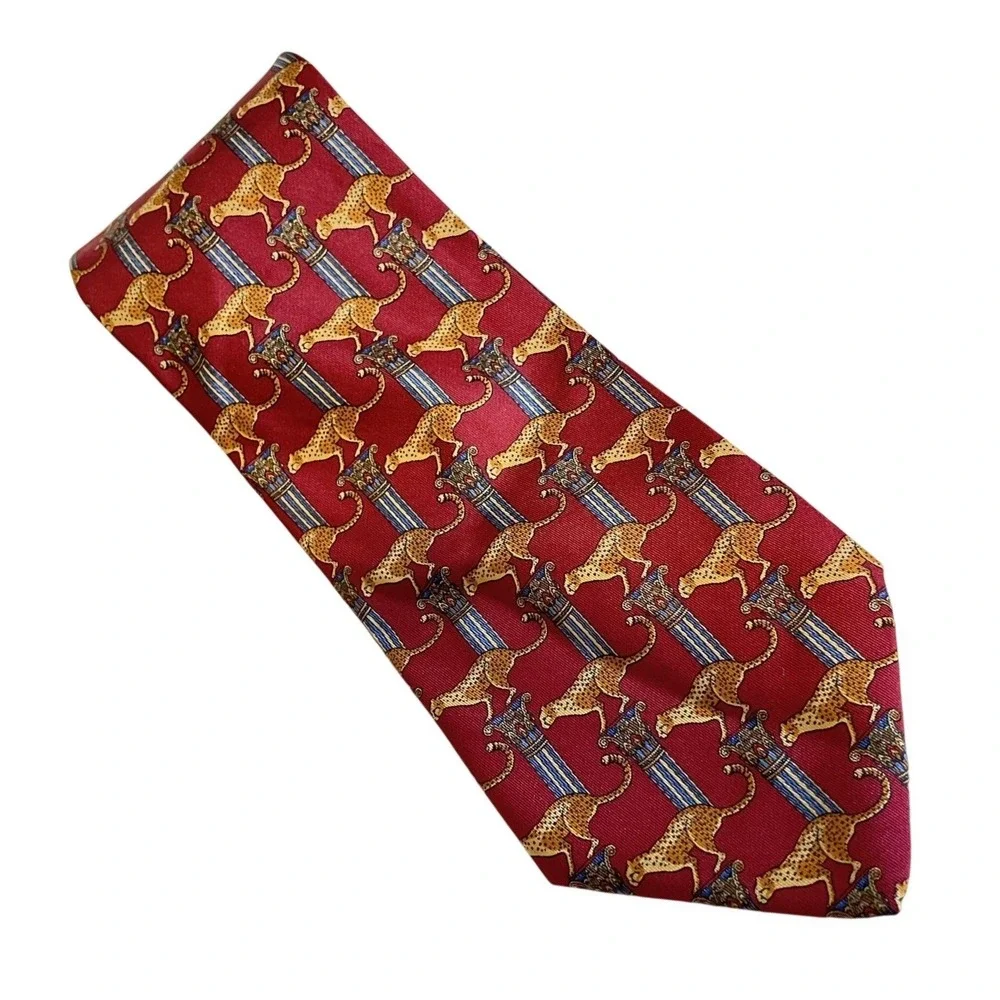 VTG SALVATORE FERRAGAMO LEOPARD CHEETAH RED SILK DRESS TIE LUXURY 3.5